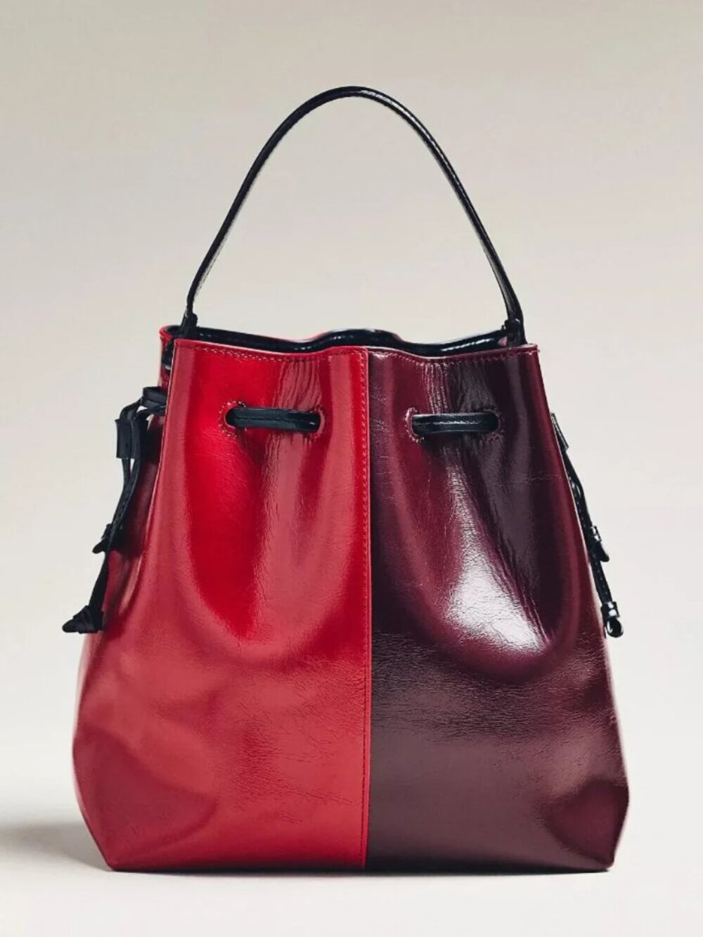 Anthropologie Two-Tone Cinched Bucket Bag Red and Maroon